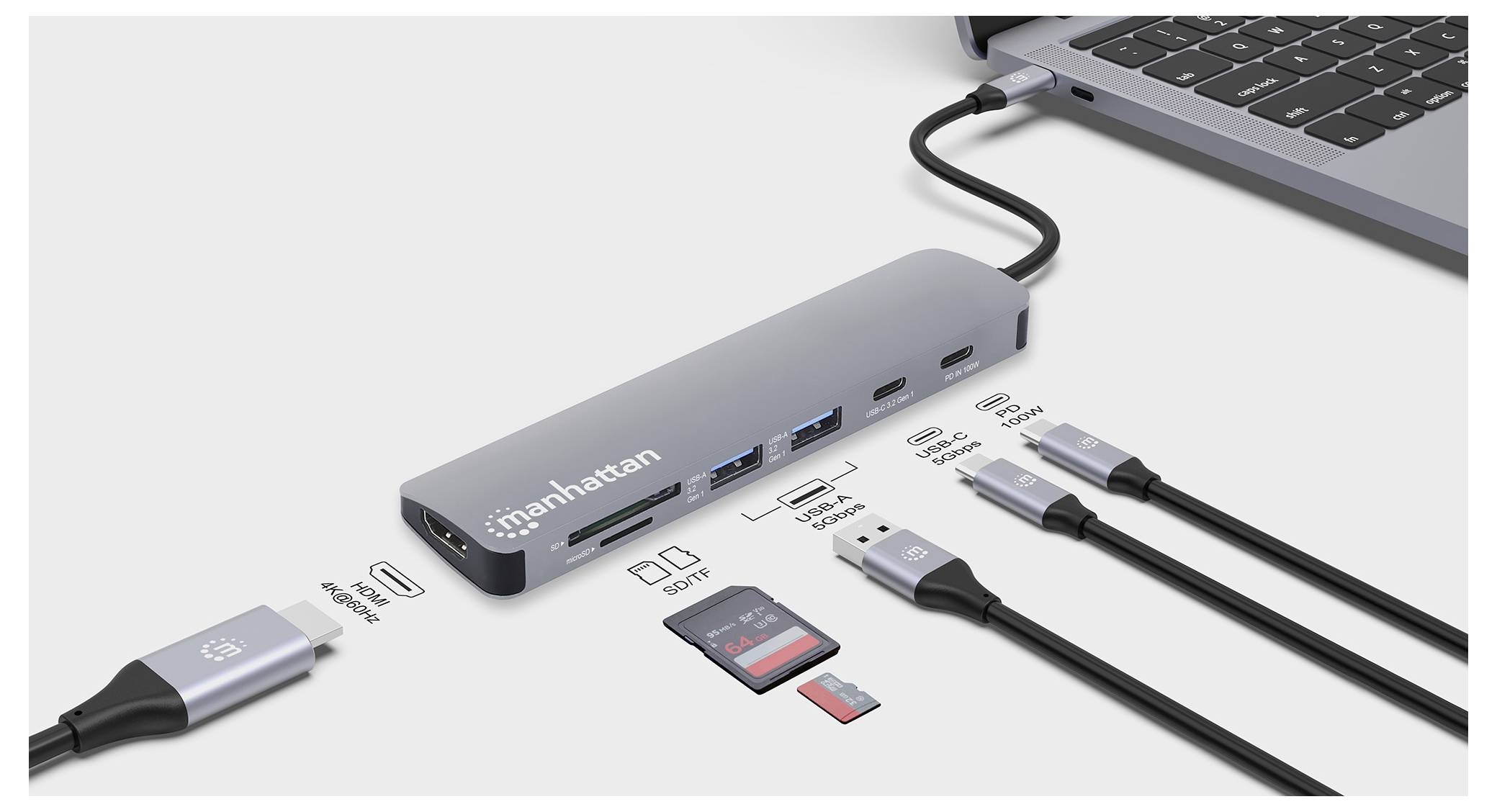 En bärbar dator är ansluten till en USB-C-hubb med flera portar: HDMI, USB-C, USB 3.0, USB 2.0, SD och microSD. Olika kablar är anslutna.