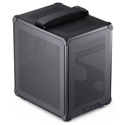 Ett svart mini ITX-datorchassi med meshdesign, handtag på ovansidan och USB-portar framtill.