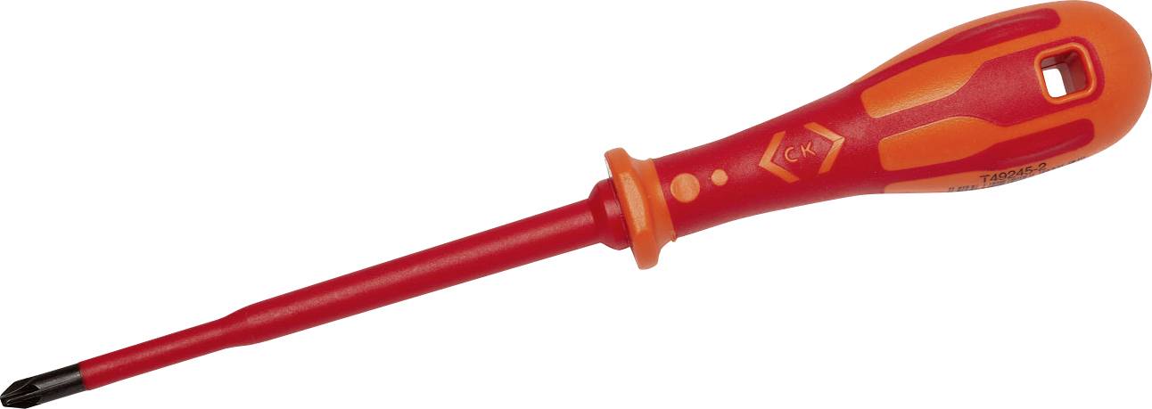 En isolerad skruvmejsel med ett rött och orange handtag och ett Phillips-spår, konstruerad för elektriskt arbete för att säkerställa säkerhet och förhindra elchocker.