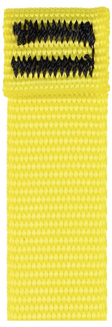 En gul vävd textiletikett med svarta sicksack-sömmar nära överkanten.