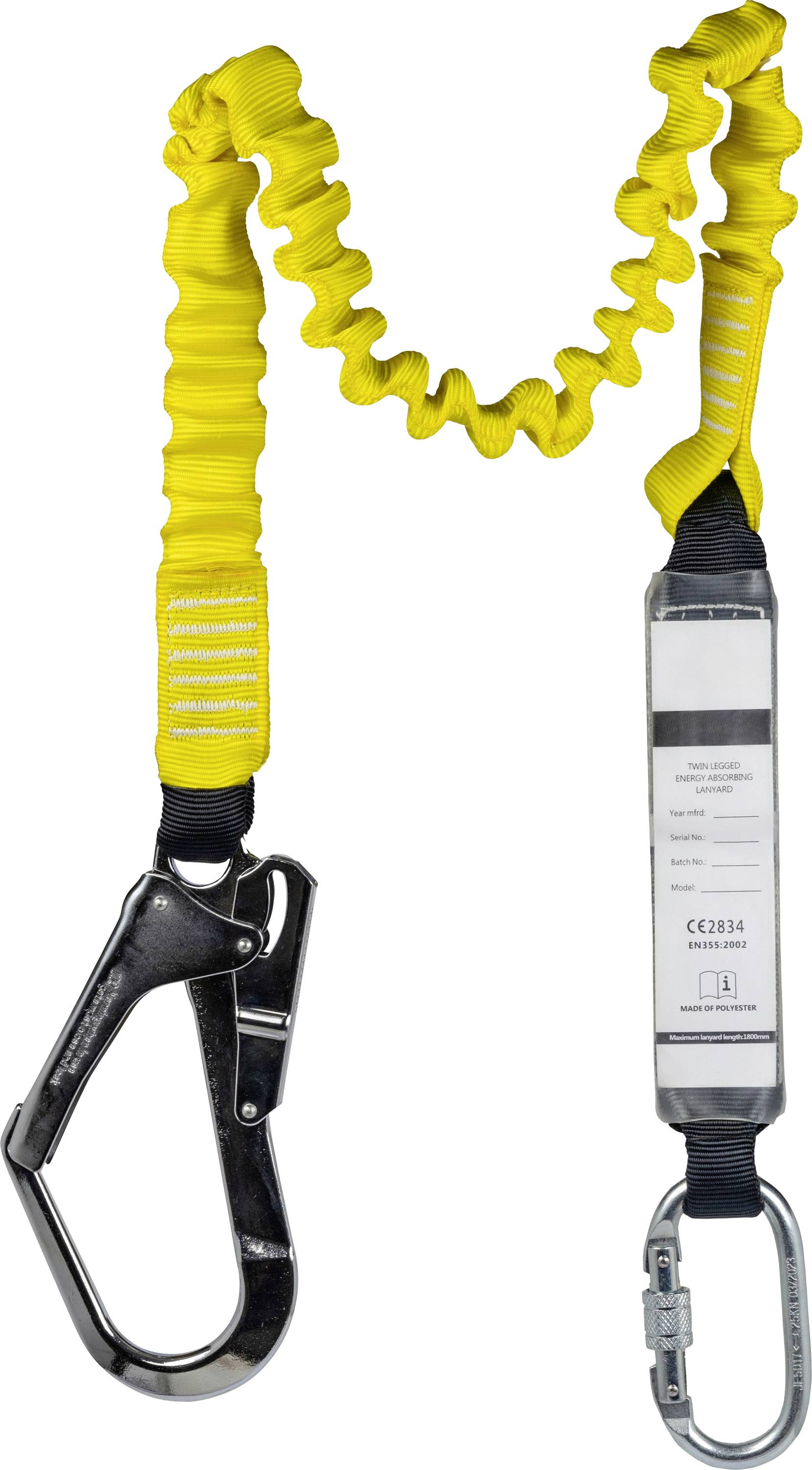 Gul stötdämpande lanyard med två metallhakar för fastsättning vid säkerhetssele, används i fallskyddssystem.
