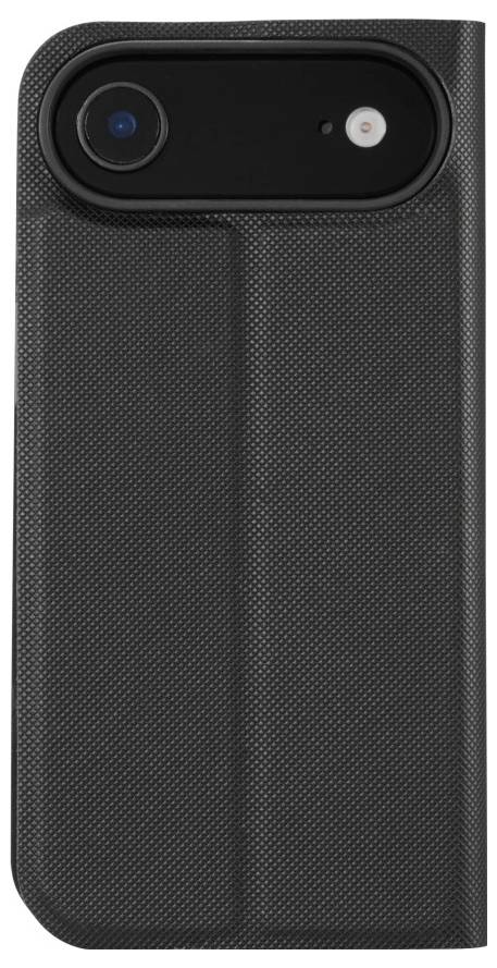 Ett svart, strukturerat smartphonefodral med ett vikbart omslag och en kameraöppning i det övre vänstra hörnet.