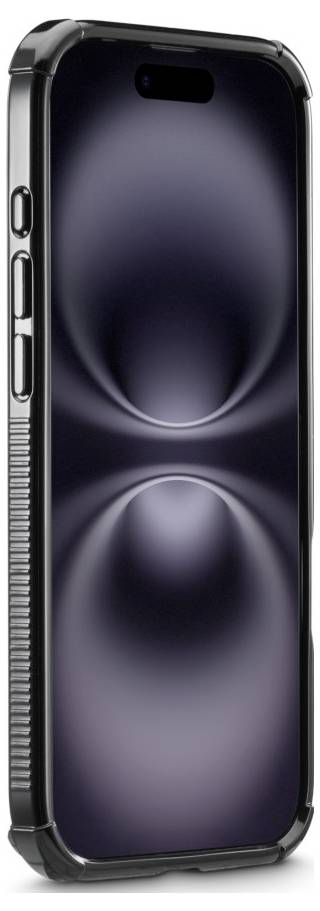 En smartphones med ett svart fodral som har ett mörkt abstrakt mönster på skärmen, vilket skapar en känsla av djup och ljusreflektion.