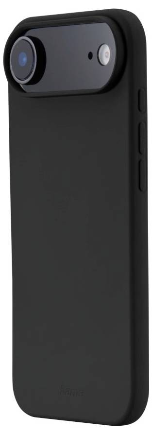 Ett svart, strömlinjeformat fodral till telefon eller kamera med ett objektivfäste på ovansidan. Fodralet har knapphål längs sidan.