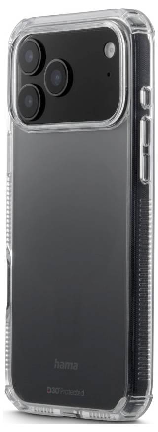 En smartphone i ett genomskinligt fodral som visar upp dubbla kameror och blixt. Varumärket 'hama' syns längst ner.