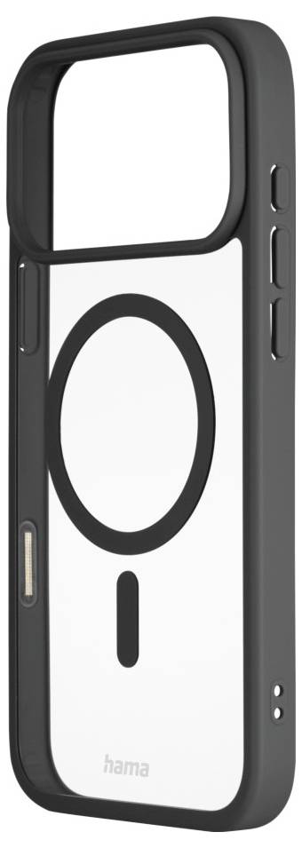 Ett svart smartphonefodral med en MagSafe-kompatibel ringdesign på baksidan, utrustad med sidoknappar och exakta kameraöppningar.