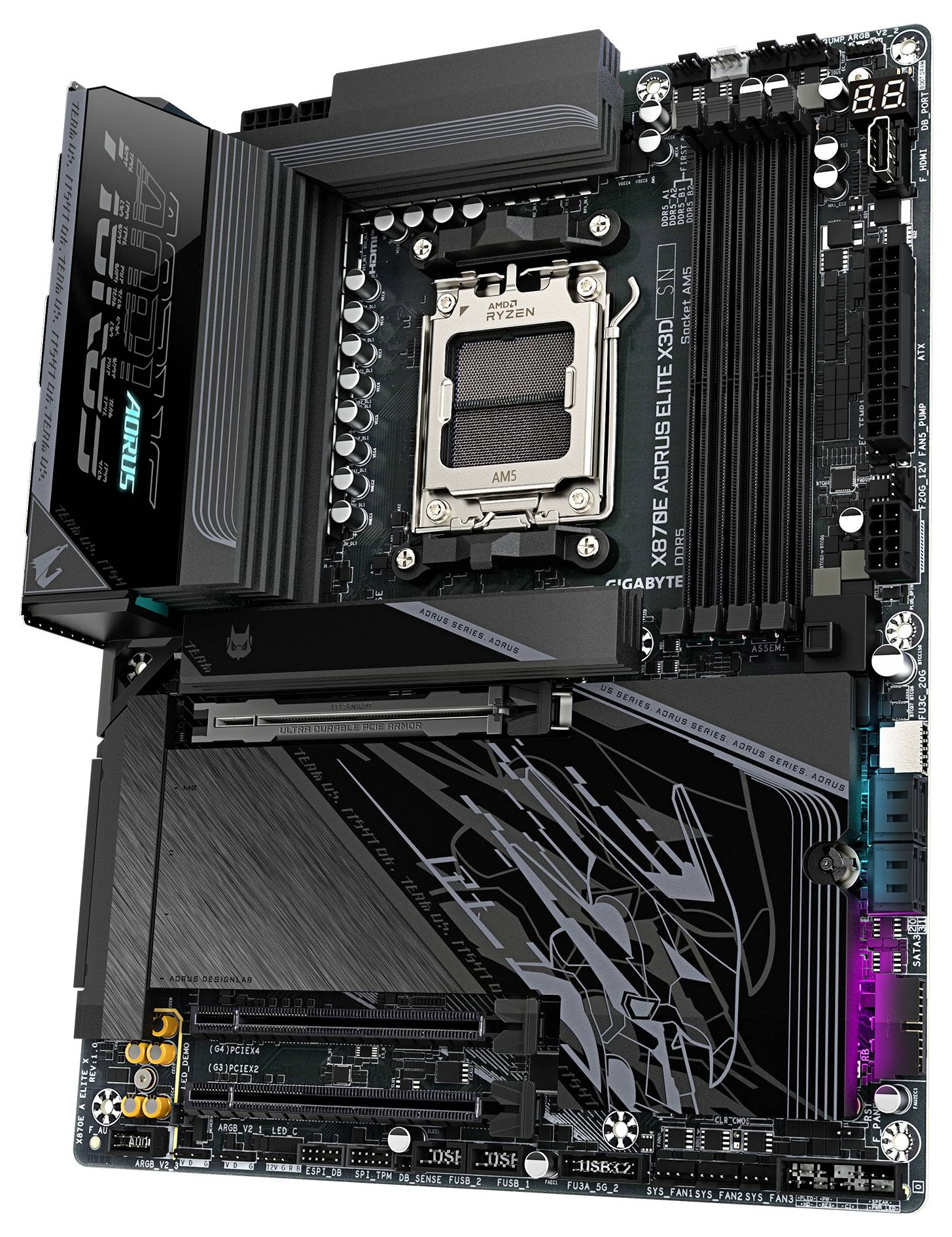 'Aorus X670E Aorus Elite AX' moderkort med flera kortplatser och detaljerad kretskonstruktion, designat för högpresterande datorsystem.
