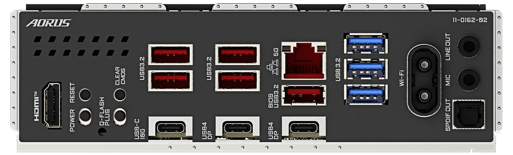 Baksidan av ett moderkort som visar olika portar: sex USB-portar, Ethernet, HDMI, SPDIF, Wi-Fi-antennkontakter och ljuduttag.