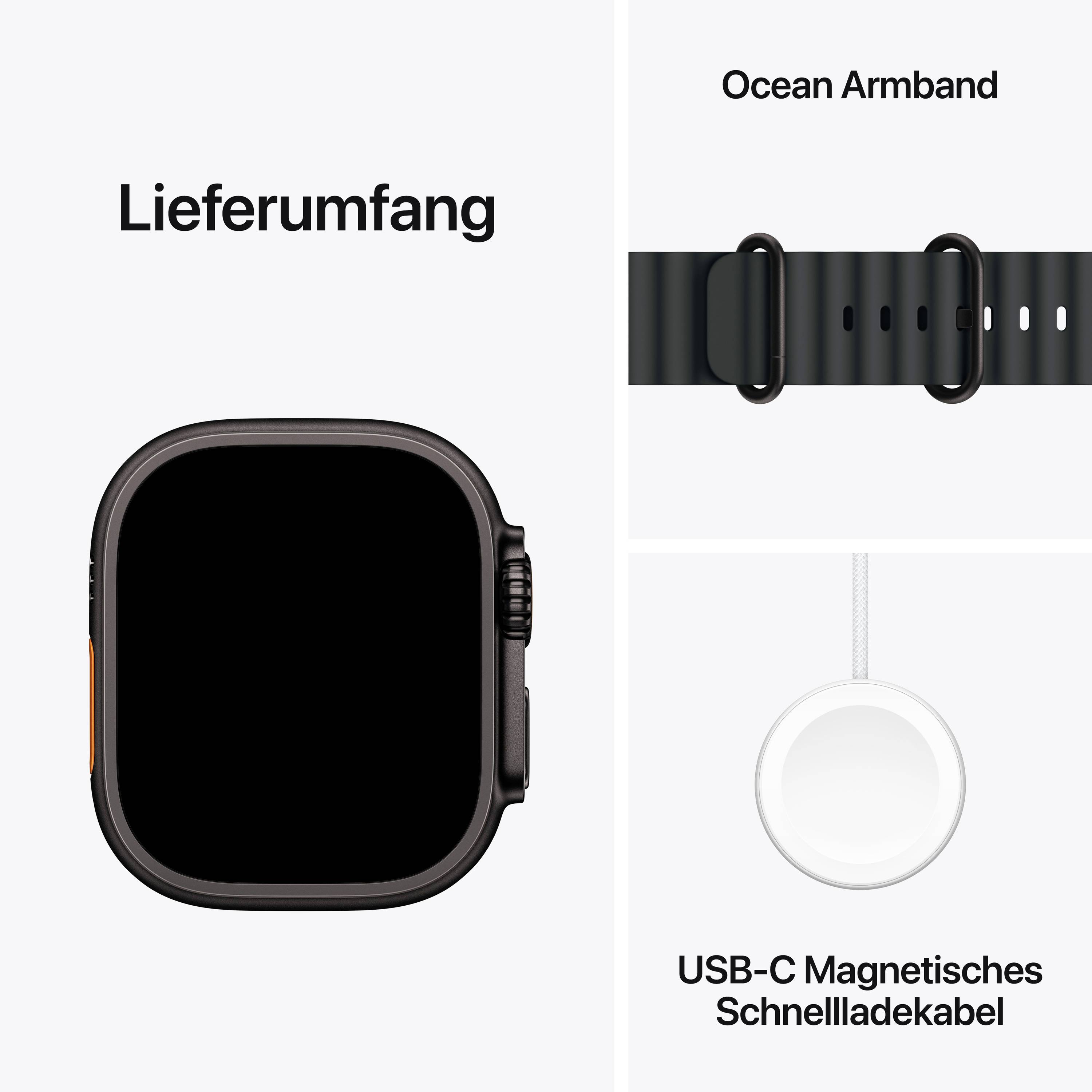 Leveransomfattning: Smartwatch med rektangulärt display, Ocean-armband och USB-C magnetiskt snabbladdningskabel.
