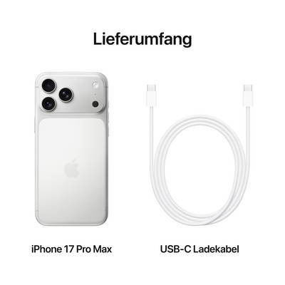 iPhone 17 Pro Max och USB-C-laddningskabel visad under rubriken 'Medföljande utrustning'.