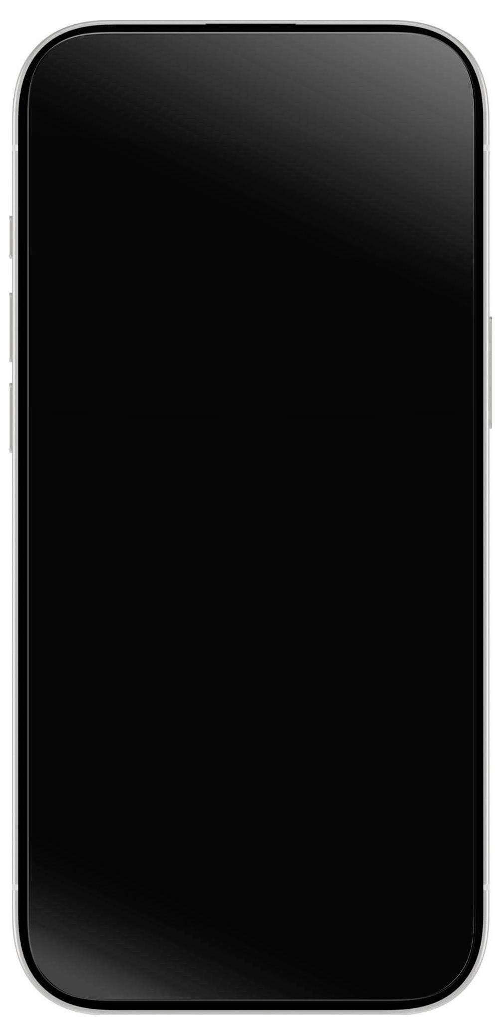 En smartphone med en tom svart skärm, sedd framifrån.