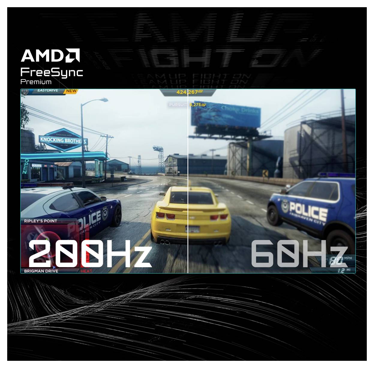 En jämförelse av racingspel som visar en gul bil mellan två polisbilar vid 200 Hz till vänster och 60 Hz till höger, vilket belyser mjukare grafik med AMD FreeSync Premium.