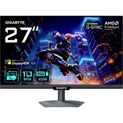 En spelskärm som visar en futuristisk stadsscen med en figur i en dynamisk pose. Text visar '27"', 'G-SYNC', 'FreeSync' och specifikationer.