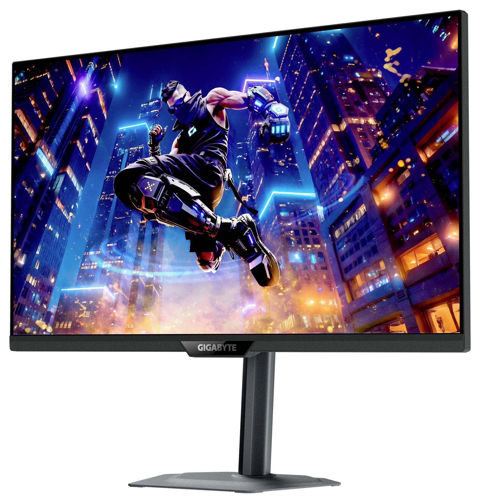 En Gigabyte-monitor visar en livlig, futuristisk stadsbild med en dynamisk figur som hoppar mitt i luften och uppvisar levande färger och rörelse.