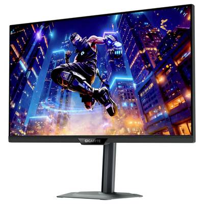 En Gigabyte-monitor visar en livlig, futuristisk stadsbild med en dynamisk figur som hoppar mitt i luften och uppvisar levande färger och rörelse.