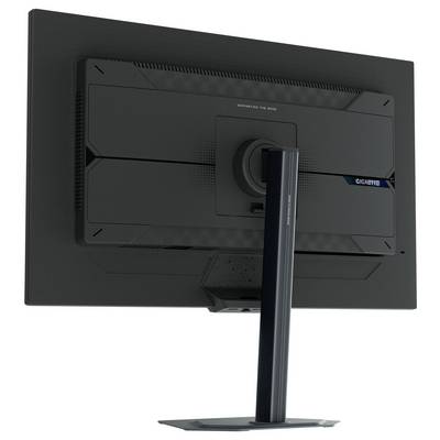 En svart datorskärm med ett mörkt stativ, sedd bakifrån, som visar modellens varumärke. Designen är elegant och modern.