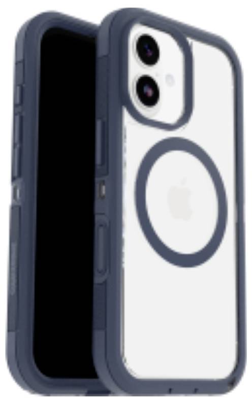 En smartphone med ett genomskinligt fodral som har en synlig cirkulär magnetdesign på baksidan, placerad i en vinkel som visar både fram- och baksidan.