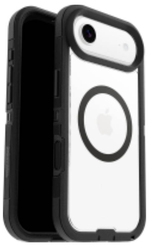 En smartphone i ett robust svart fodral med en transparent baksida som avslöjar Apple-logotypen. Fodralet har förstärkta kanter för extra skydd.