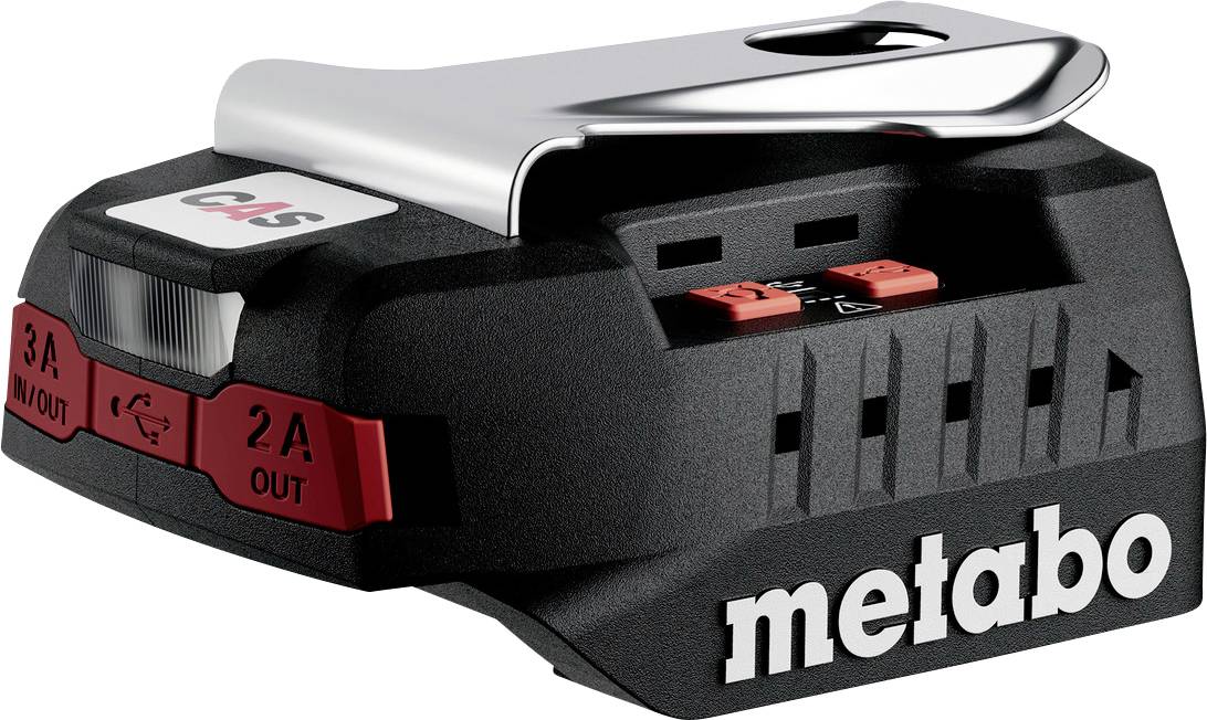 Metabo-batteriladdare med dubbla röda utmatningsportar och silverklämma på toppen, visad i en produktstilsig närbild på en vit bakgrund.