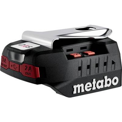 Metabo-batteriladdare med dubbla röda utmatningsportar och silverklämma på toppen, visad i en produktstilsig närbild på en vit bakgrund.