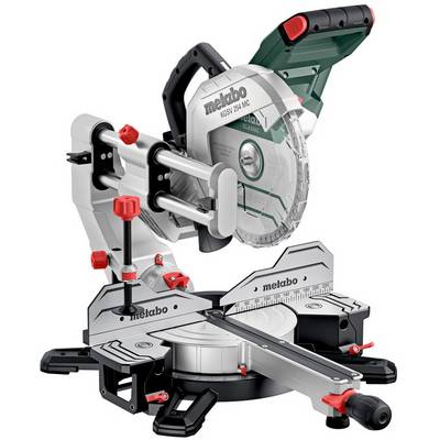 Metabo komplett gehrungssäg med glidande arm, bladsvärd, vinkelbock och bas för precisionsskärning.