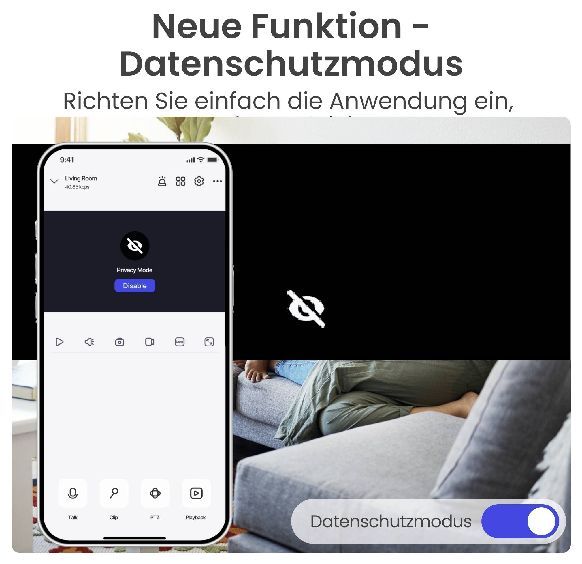 Annons för 'Ny funktion – Sekretessmodus': Smartphone-app med 'Privacy Mode', stort genomstruket öga och reglage för 'Sekretessmodus' framför en vardagsrumsbild.