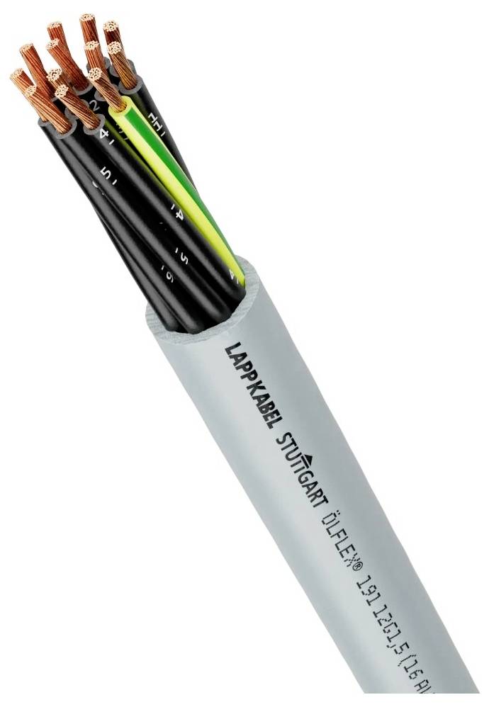 En närbild av en flerkärnig kabel med synliga koppartrådar, svart och grön isolering, märkt 'Lapp Kabel Stuttgart', och produktdetaljer.
