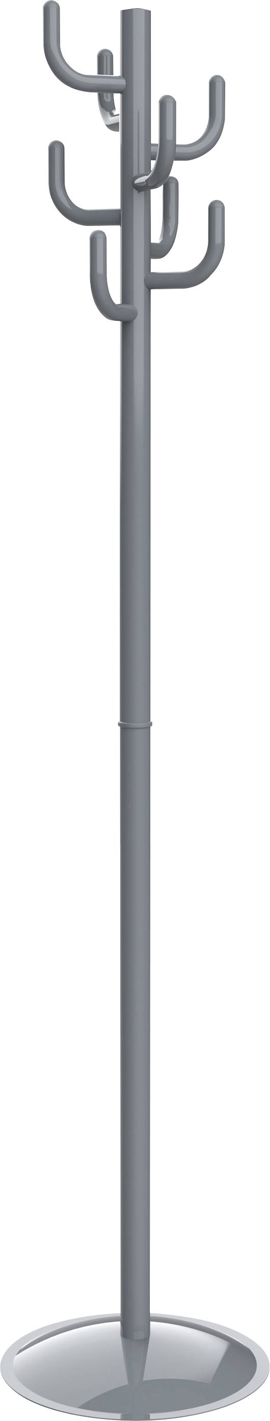 En elegant, modern grå kappställning med flera krokar och en rund bas.