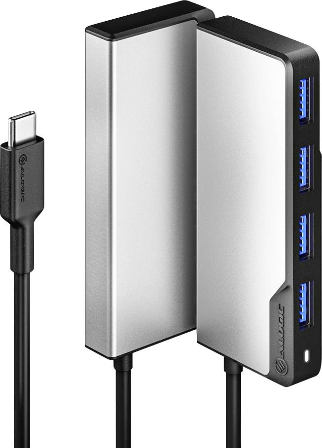 En USB-C-hubb med flera USB-portar, designad i en elegant silverfärg, visas bredvid en USB-C-anslutningskabel.