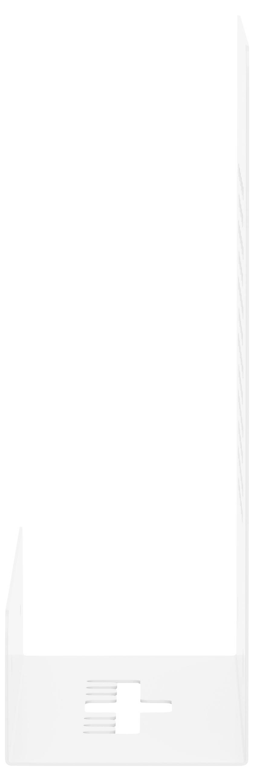 Ett 'T'-format vitt föremål med vertikala och horisontella paneler, försett med små urtag längst fram vid basen. Sparsam, minimalistisk design.