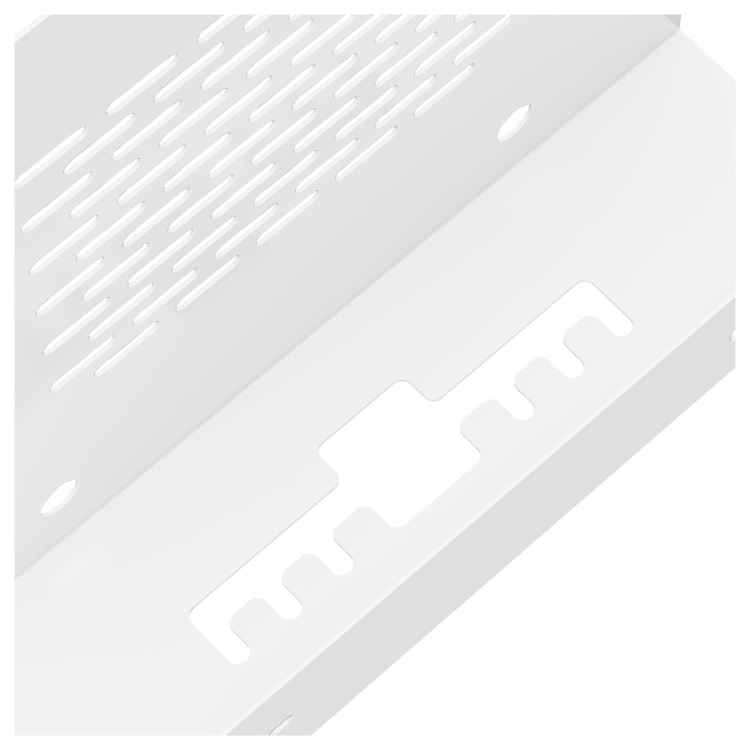 En vit hörn väggfäste med perforerade hål och monteringsslitsar, framtagen för säker hyllmontering.