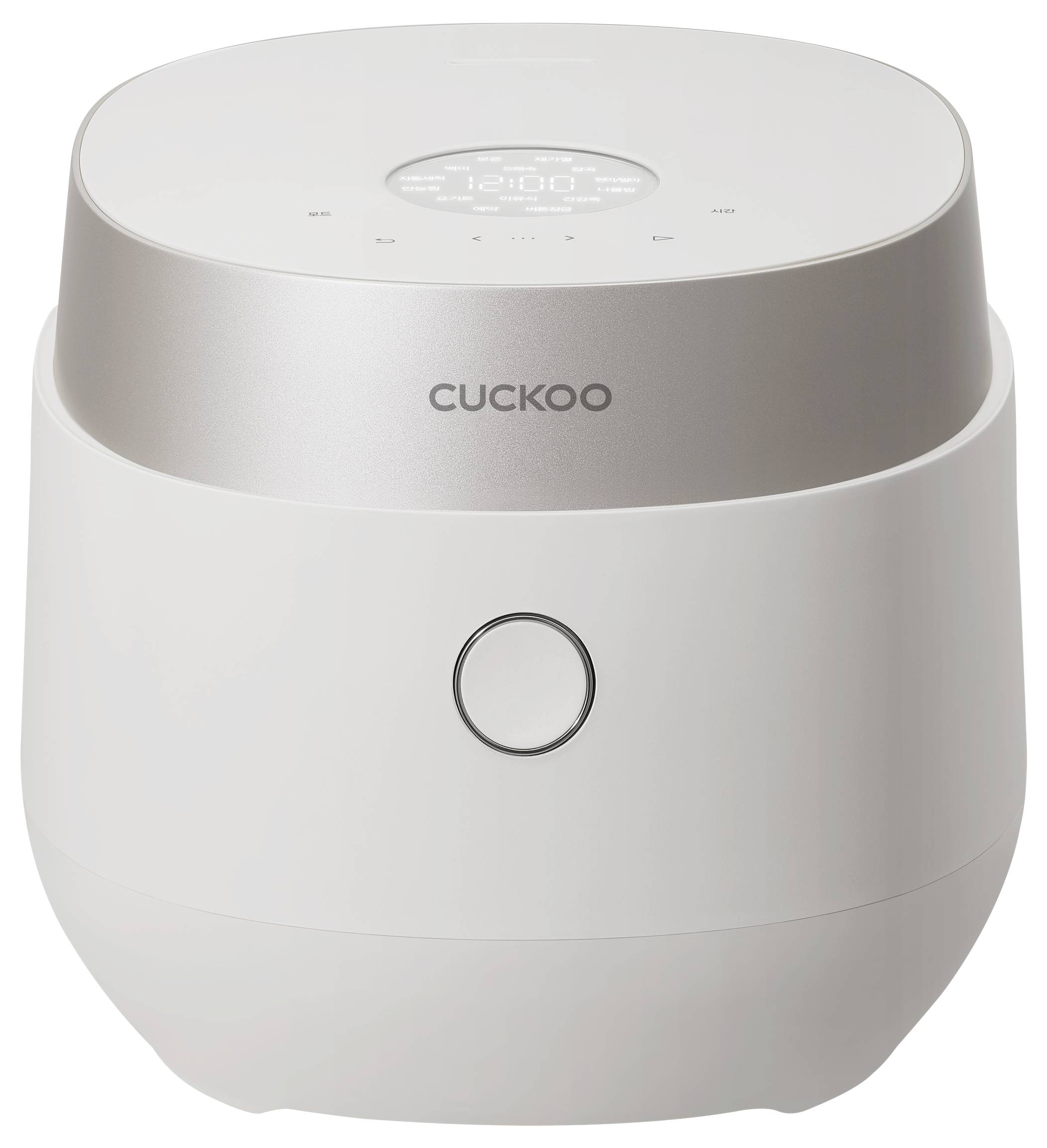En modern vit elektrisk riskokare med en digital display på toppen, med varumärket 'Cuckoo' på framsidan.
