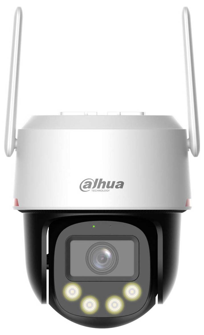 En säkerhetskamera med varumärket 'Dahua Technology', utrustad med ett justerbart objektiv och antenn, avsedd för övervakning.
