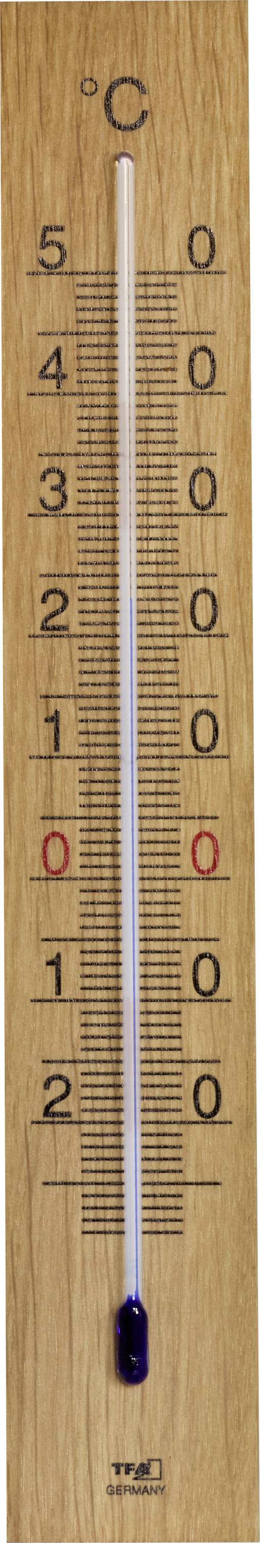 En vertikal träyttemperaturmätare visar temperaturen vid 22°C, med en skala som sträcker sig från -5°C till 50°C.