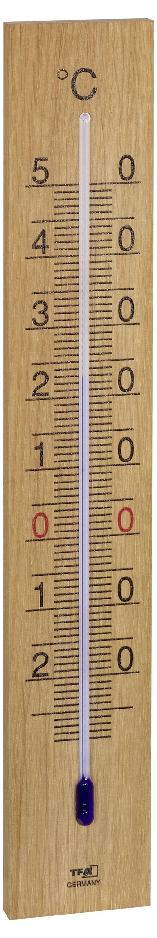 En trätermometer visar temperaturer i grader Celsius, från -30 till 50. Den nuvarande temperaturen är 0°C.