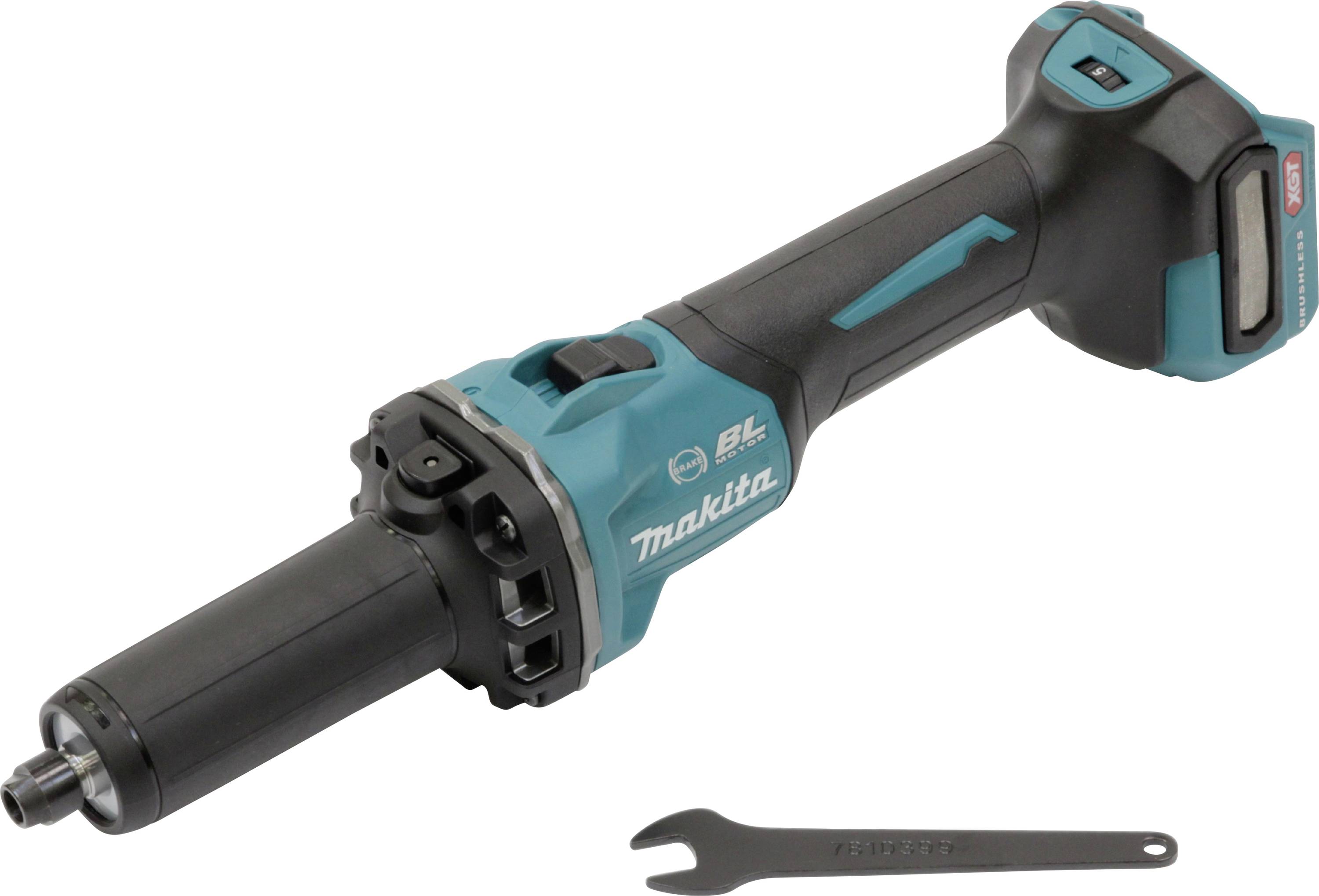 En trådlös Makita dörgrinder med en svart och blågrön kropp. Verktyget är batteridriven och visas tillsammans med en metallskiftnyckel bredvid den.