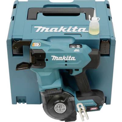 En blågrönt Makita trådlös armeringsstålsbindningsverktyg med en spole, placerat på ett matchande fodral, bredvid en liten oljflaska.