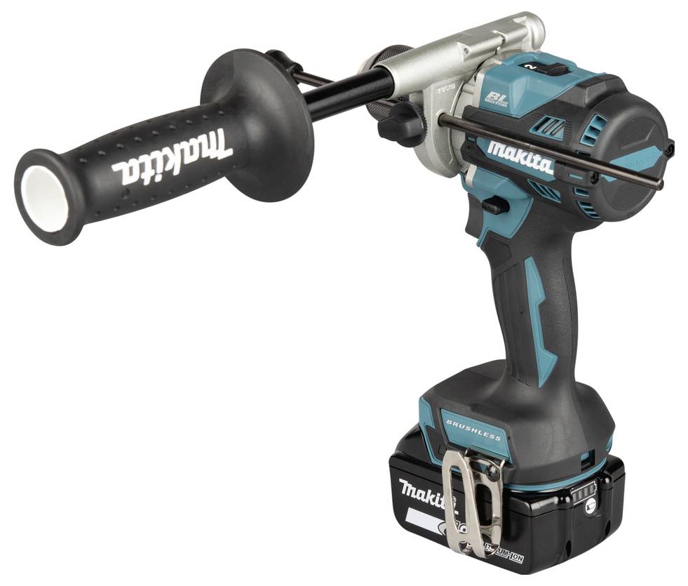 Makita trådlös borrmaskin med sidohandtag och chuckadapter, visad isolerad på vit bakgrund.