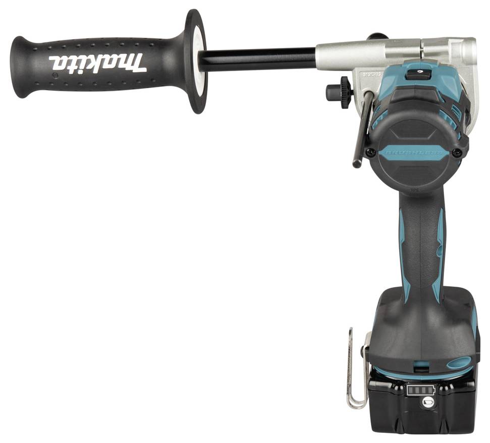 Trådlös Makita-borrmaskin med sidohandtag och batteriladdning, presenterad mot en enkel vit bakgrund.