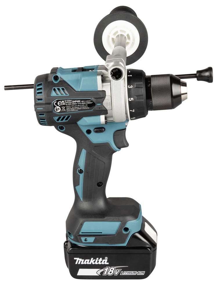 Trådlös Makita 18V borrmaskin med sidohandtag och extra framre grepp, visad på vit bakgrund.