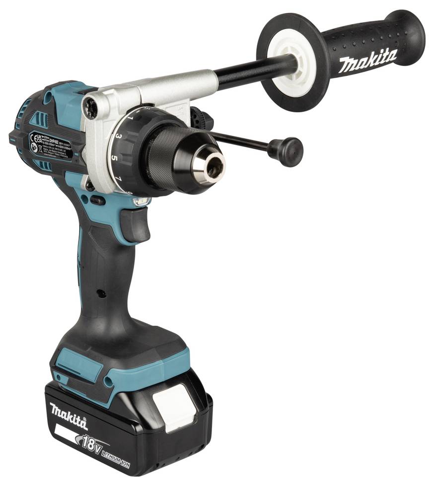 Makita 18V trådlös borrmaskin med sidohandtag och nyckelslös chuck, visad på vit bakgrund.