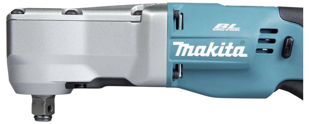 Makita trådlös vinkelslagskruvdragare, sidovy av turkos och silver elverktyg.
