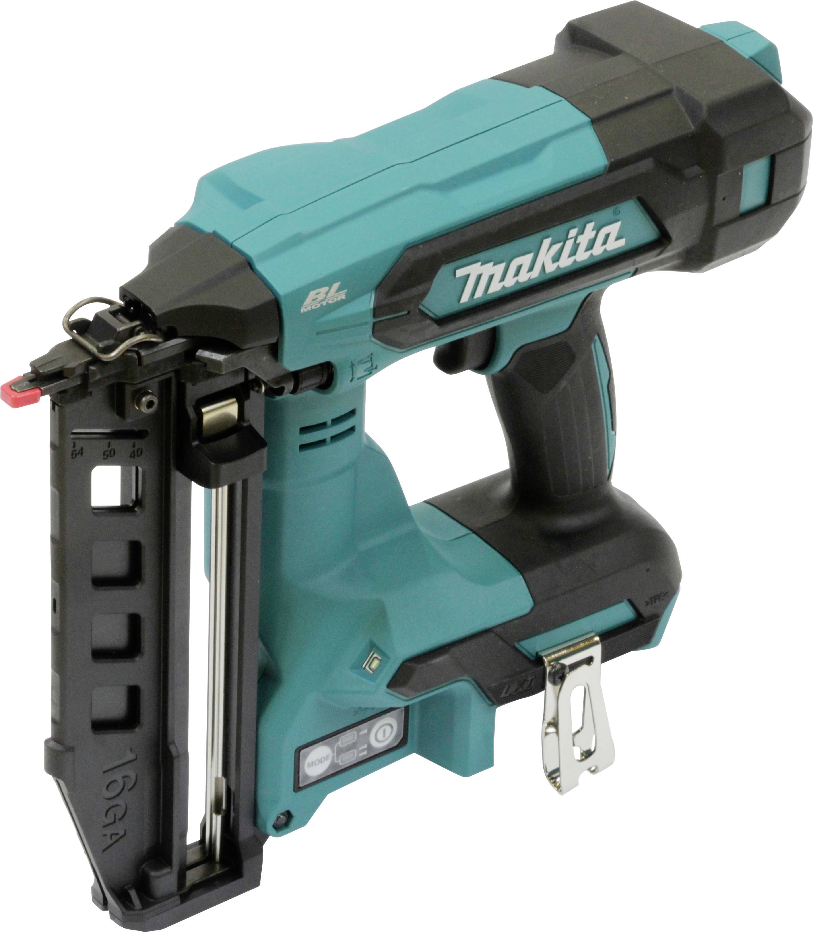 Makita 16 gauge sladdlös spikpistol i teal och svart, med en kompakt design, bekvämt grepp och en synlig bälteskrok.