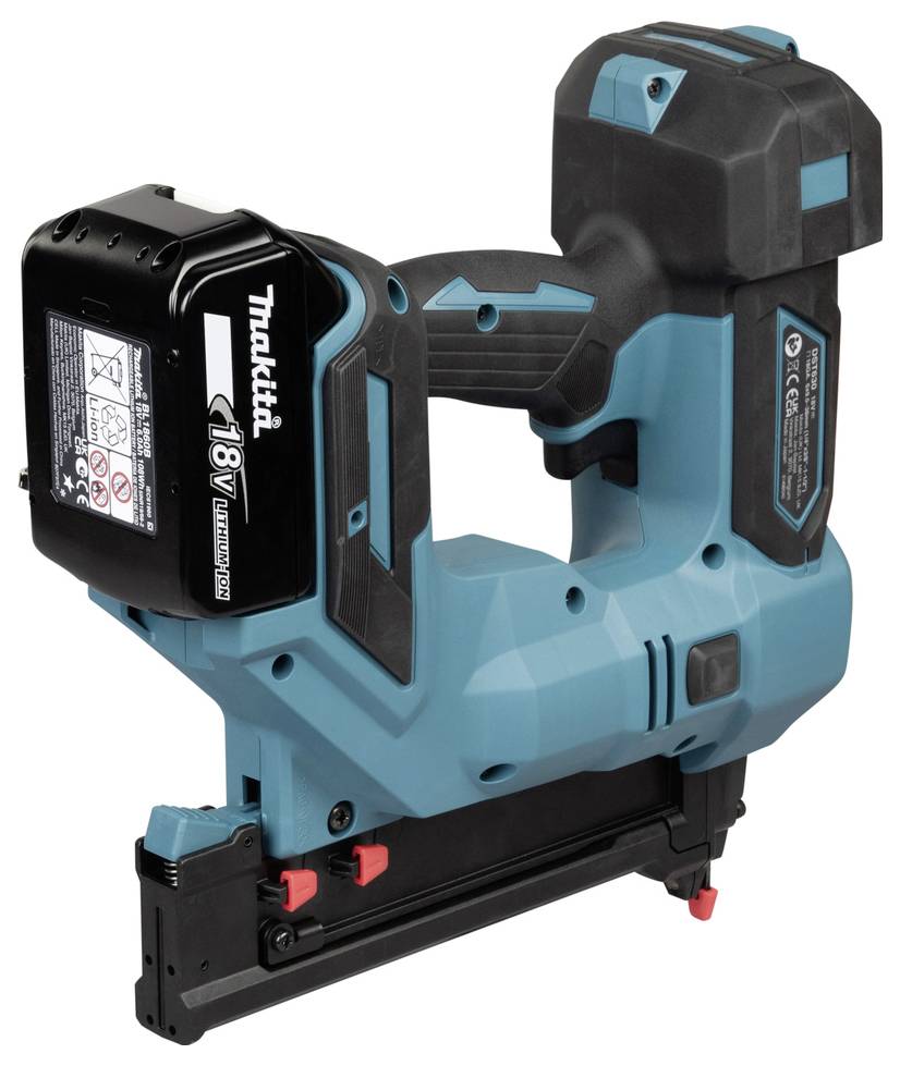 Trådlös Makita 18V spikpistol häftapparat med batterisats, visad i sidovy på vit bakgrund.