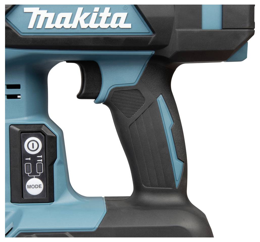 Närbild av ett Makita trådlöst elverktyg, som visar handtaget och kontrollpanelen med en "MODE"-knapp.