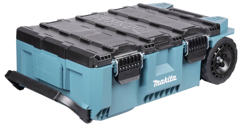 En blå och svart plastverktyglåda med hjul och handtag, märkt "Makita", designad för enkel transport och lagring av verktyg.
