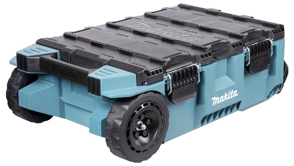 En bärbar, hjulförsedd verktygsbox med robust design, med teal-färgad skrov, svarta lås och stora svarta hjul för enkel transport.