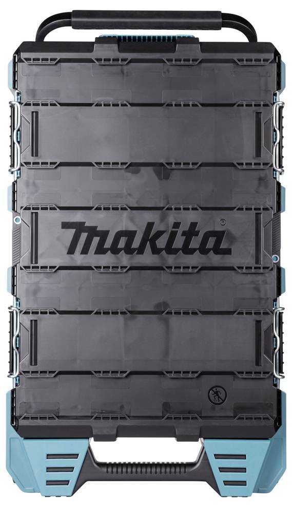 En svart och blågrön Makita-verktygslåda med handtag, robust design och synlig varumärkeslogotyp, vilket indikerar portabilitet och hållbarhet för verktyg.