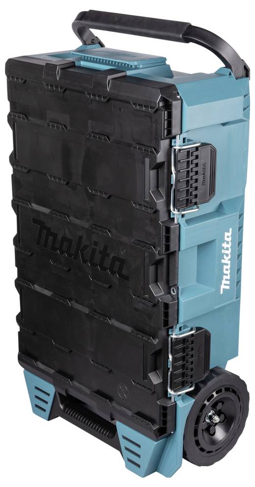 Makita svart och blå rullbar verktygslåda med handtag och hjul, med flera fack för verktygorganisering.