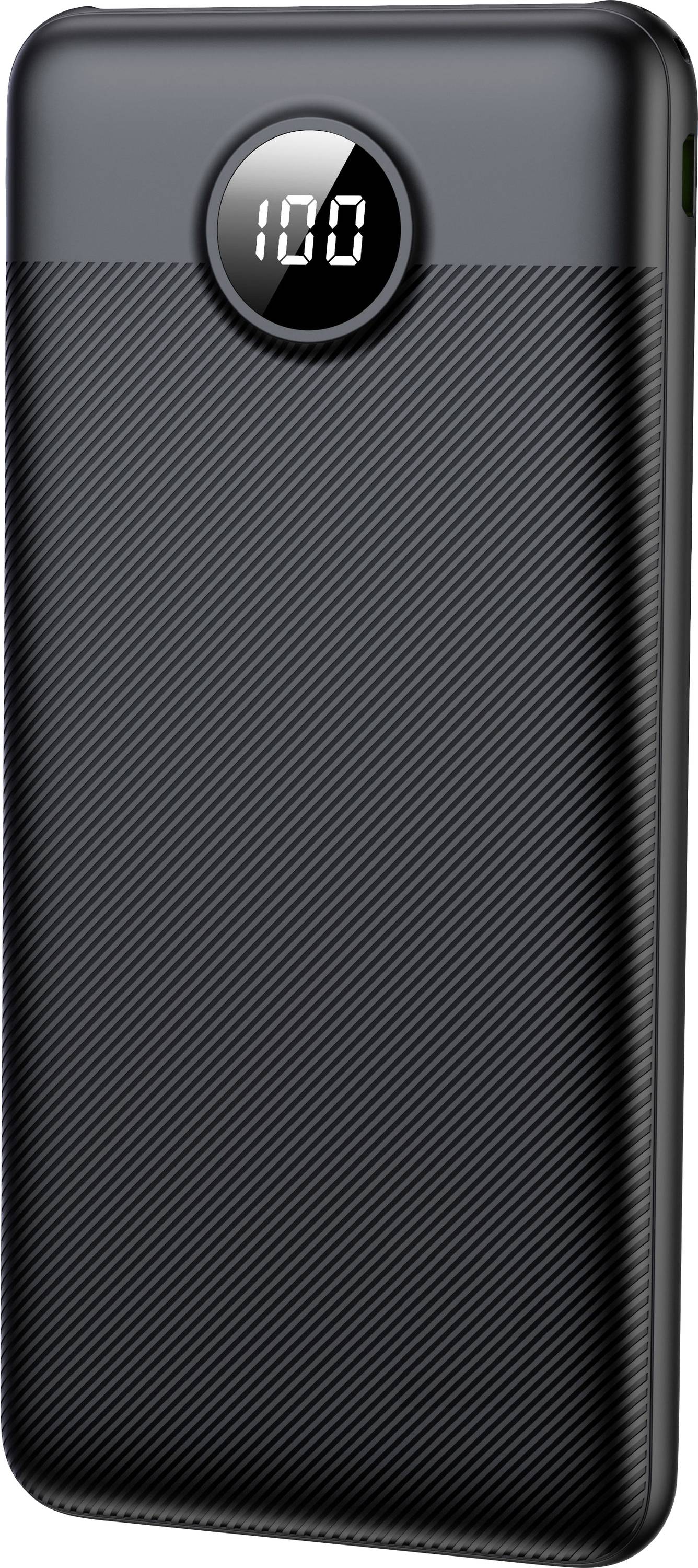 En svart bärbar powerbank med en digital display som visar '100', vilket indikerar full laddning.